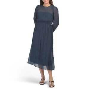 IN FEBRUARY Navy Pleated Tencel Blend Sheer Midi Dress